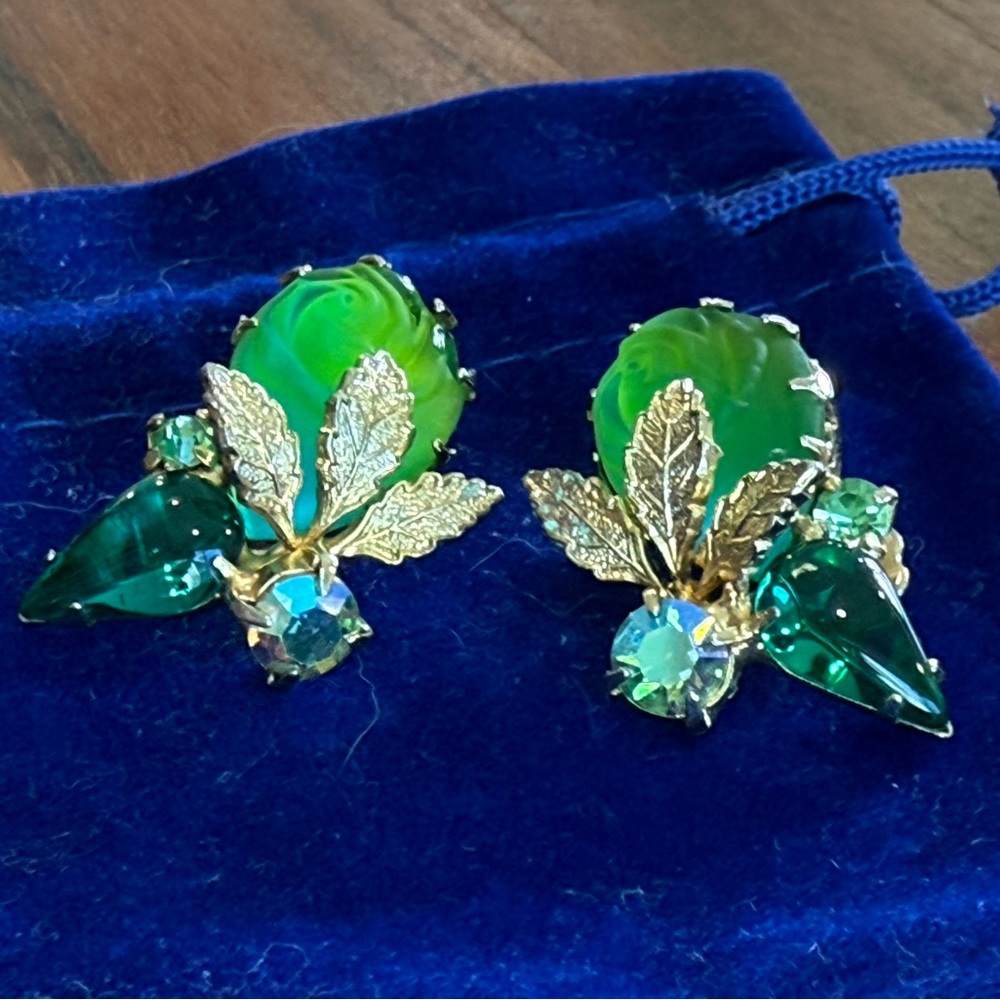 Vintage green glass and AB gold tone clip on earrings